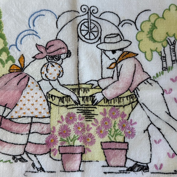 Vintage Hand-Embroidered Pillow & Case– 12' x 16” Farm Couple at the Well Scene - Picture 8 of 14